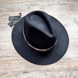 D&Y 100% Wool Wide Brim Fedora Hat Black Southwestern Navajo Inspired NWT